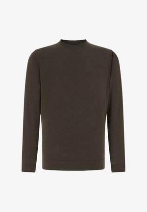 Tumma oliivinvihreä pitkähiha neulepusero pyöreällä kaula-aukolla ja resorireunuksilla, valmistettu pehmeästä kankaasta, jossa sileä pinta ja hillitty design.