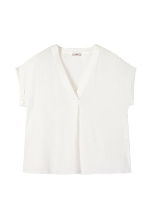 Weiße Bluse mit kurzen Ärmeln und V-Ausschnitt, mit lockerem Schnitt und glatter Textur. Der Stoff wirkt leicht und atmungsaktiv.