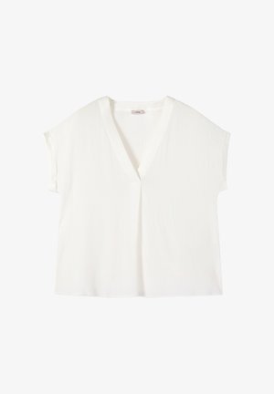 Weiße Bluse mit kurzen Ärmeln und V-Ausschnitt, mit lockerem Schnitt und glatter Textur. Der Stoff wirkt leicht und atmungsaktiv.