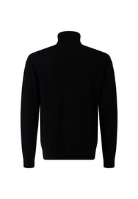 Zwarte lange mouw turtleneck trui met geribde kraag, manchetten en zoom, vanaf de achterkant getoond op een witte achtergrond.