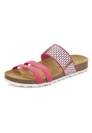 Rosa Rutschsandalette mit drei elastischen Riemen und gemustertem Obermaterial. Ein Korkfußbett und eine weiße Gummisohle sorgen für Komfort und Grip.