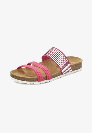 Pink slide sandal featuring three elastic straps and a patterned upper. Cork footbed and white rubber sole provide comfort and grip.