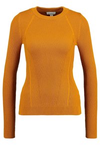 Ribbad långärmad tröja i klar orange, med rund halsringning och texturerat mönster längs kroppen och ärmarna.