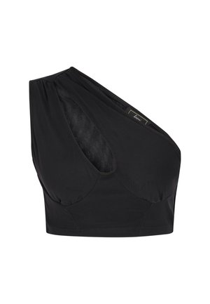 Czarny krótki top na jedno ramię z asymetrycznym cięciem i siateczkowym wstawkiem z przodu.