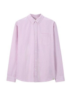 Chemise à manches longues pour hommes avec des rayures verticales roses et blanches, col boutonné, poche frontale et poignets boutonnés.