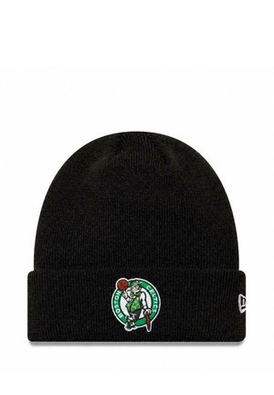 Black knit beanie with Boston Celtics basketball team logo embroidered on front and white New Era logo on side.