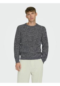 Navy en grijs gemêleerd gebreid sweater met lange mouwen en ronde hals, voorzien van geribbelde boorden en zoom. Model draagt het in combinatie met lichte broek.