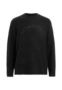 Black fuzzy long-sleeve sweater with crew neck and embossed "AVISSAINTS" text in an arch across the chest.
