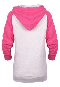 Hoodie met een lichtgrijze body en roze mouwen en kap, gemaakt van zachte stof. De boorden en de onderkant zijn geribbeld voor extra comfort.