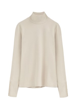 Jersey beige de manga larga y cuello alto con textura acanalada y detalles de botones en los puños.