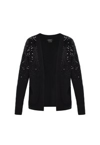 Schwarzer Cardigan mit einem weichen Strickmaterial und Paillettenverzierungen an den Schultern. Offenes Design vorne mit zwei Seitentaschen.