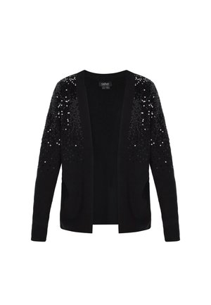 Cárdigan negro con un cuerpo de punto suave y adornos de lentejuelas en los hombros. Diseño de frente abierto con dos bolsillos laterales.