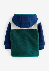 Fleece bunda s kapucňou, s tmavo modrou časťou, bielymi ramenami a zelenou dolnou časťou. Textúrovaná tkanina s lemovaním na rukávoch.