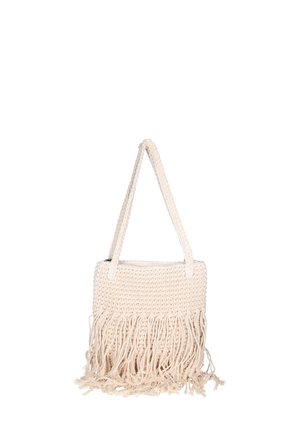 Gehaakte beige tas met lange franjes aan de onderkant. Heeft twee leren hengsels om te dragen. Eenvoudig ontwerp met een gestructureerd materiaal.