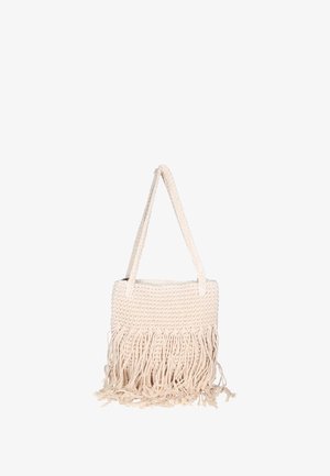 Borsa beige all'uncinetto con lunghe frange alla base. Presenta due manici in corda per il trasporto. Design semplice con materiale testurizzato.