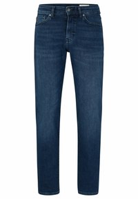 Mörkblå denimjeans med rak passform, försedd med knappstängning, design med fem fickor och subtil blekning i tyget.