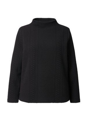 Schwarzer Pullover mit langen Ärmeln, hohem Kragen und strukturierten Kabelstrickmustern auf der Vorderseite und den Ärmeln.