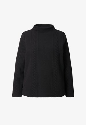 Sort langærmet trøje med høj hals og teksturerede snoningsmønstre ned langs fronten og ærmerne.