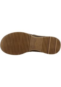 Suola di scarpa marrone con scanalature testurizzate, caratterizzata da una forma arrotondata, materiale in gomma resistente e marchio in rilievo "High Soft".