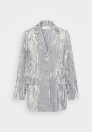 Silver striped blazer with notch lapels, single button closure, two front pockets, and textured fabric. Slightly oversized fit.