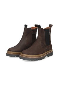 Bottines en cuir marron avec des panneaux élastiques sur les côtés, une fermeture éclair, un bout rond et une semelle en caoutchouc texturé avec des crampons prononcés.