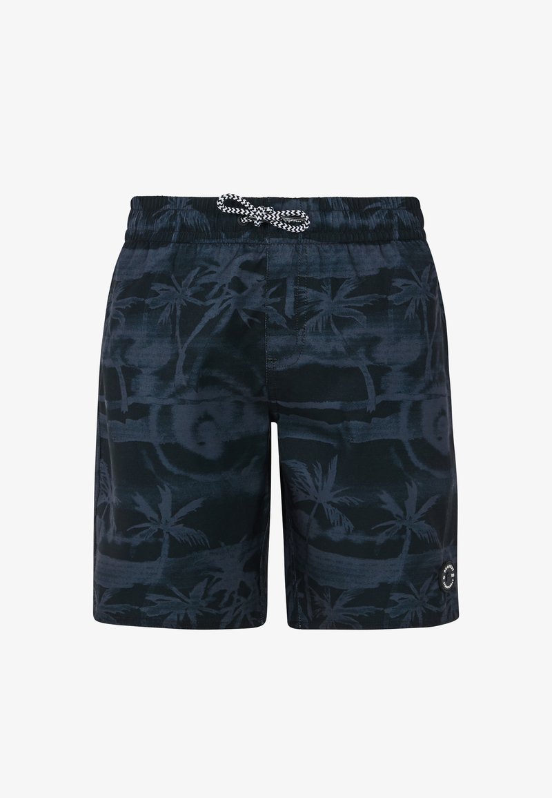 Shorts de bain marine avec un motif de palmiers noirs, taille élastique avec cordon noir et blanc, et patch logo sur la jambe droite.