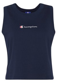 Granatowy, bezrękawnik z bawełny, z okrągłym dekoltem i haftowanym logo "Champion" w białym i czerwonym kolorze na piersi.