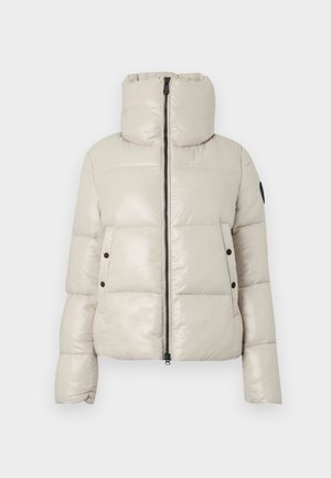Lichtbeige gewatteerde jas met een hoge kraag, een ritssluiting aan de voorkant en zwarte knoopaccenten. Heeft een gladde, glanzende textuur en een cropped ontwerp.