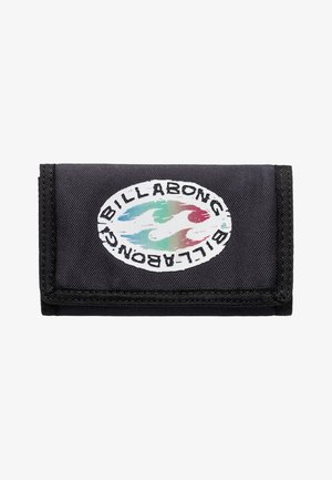 Black fabric wallet featuring a colorful Billabong logo with wave designs. Folded design with a secure stitched edge for durability.