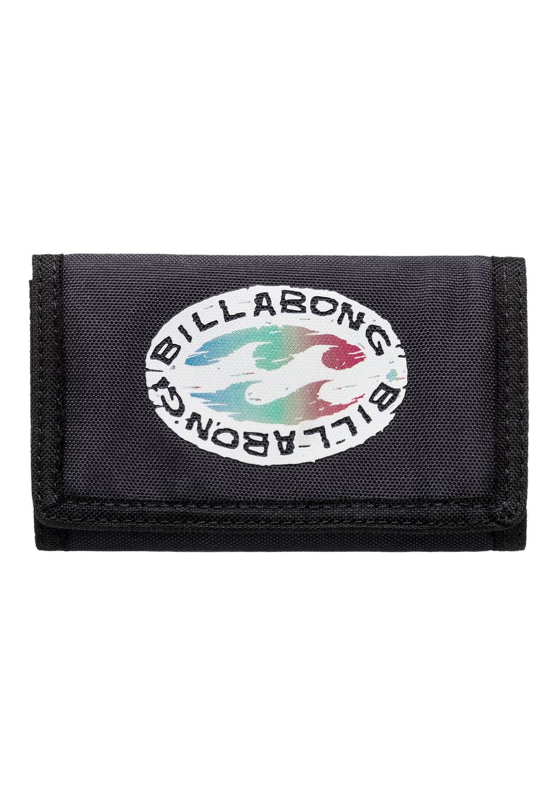 Svart stofflommebok med en fargerik Billabong-logo og bølgedesign. Brettet design med en sikker, sydd kant for holdbarhet.