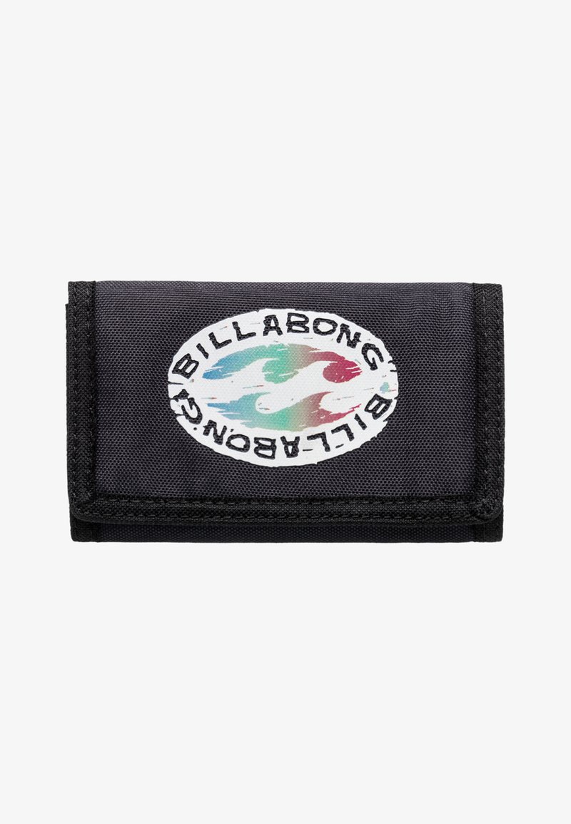 Portafoglio in tessuto nero con un colorato logo Billabong e design di onde. Design pieghevole con un bordo cucito sicuro per la durata.