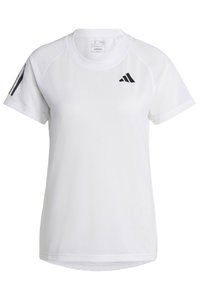 Balta sportinė marškinėli su trumpomis rankovėmis, pagaminti iš orui pralaidaus audinio. Ant kairiojo peties matomas juodas Adidas logotipas ir trys juodos juostos.