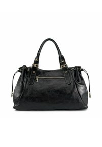 Sac à main en cuir noir avec deux poignées supérieures, ferrures dorées, poche avant zippée et design souple et structuré. Comprend des liens latéraux réglables.