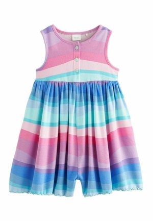 Robe sans manches pour tout-petit en tissu côtelé, rayures pastel rose, violet, bleu et turquoise, avec trois boutons sur la poitrine.