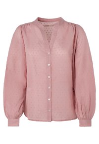 Blusa de manga larga rosa en tejido ligero con un patrón texturizado de lunares, que presenta delicados bordados florales y cierres de botones.