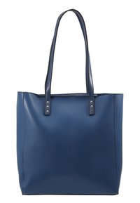 Niebieska torebka tote z ekoskóry o gładkiej fakturze, z dwiema długimi uchwytami i srebrnymi akcentami. Kwadratowy kształt i minimalistyczny design.