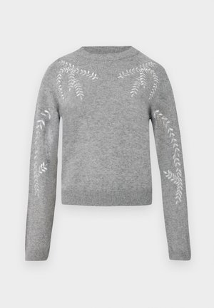 Grey knitted sweater with long sleeves featuring white leaf embroidery along the shoulders. Ribbed neckline and hem. Soft texture.