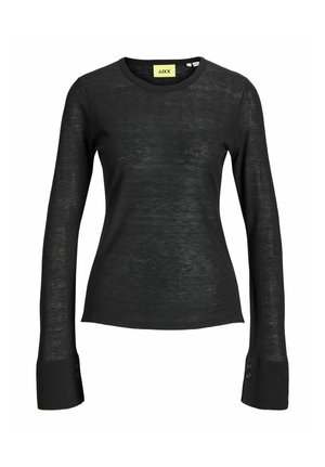 Haut noir en maille fine à manches longues avec un col rond et des poignets prolongés ornés de deux boutons sur chaque manche.