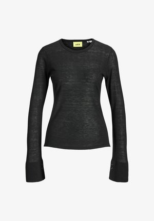 Sort langermet gjennomskinnelig strikket topp med rund hals og forlengede mansjetter med to knapper på hver erme.