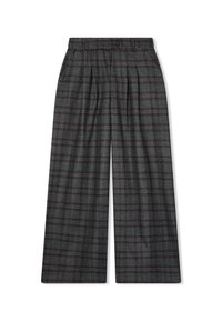 Pantaloni a vita alta, a gamba larga, grigi a quadri, con pieghe, passanti per cintura e chiusura a bottone in vita.