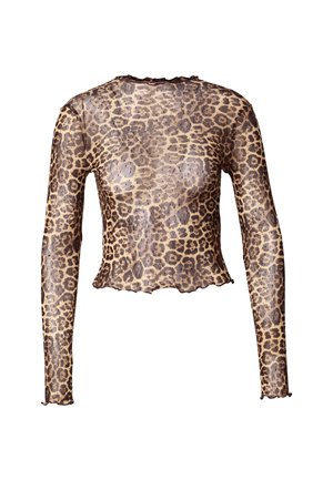 Langermet topp med leopardmønster laget av gjennomsiktig stoff, kort design med bølgete kanter, med rund hals og tettsittende ermer.