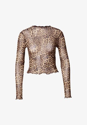 Top a maniche lunghe con stampa leopardata realizzato in tessuto trasparente, design corto con bordi ondulati, caratterizzato da scollatura arrotondata e maniche aderenti.
