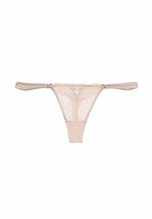 Beige blonder g-streng med semi-transparentt blomstrede blondefrontpanel og fast linning på hvid baggrund.