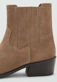 Bruine suède enkellaars met verticale naadversieringen, een ronde neus en een lage, stevige zwarte hak. Getextureerd oppervlak met een gladde afwerking.