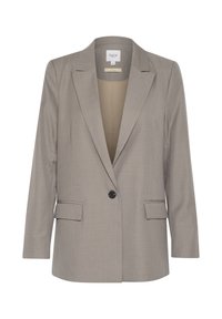 Světle šedý blazer s klopou do špičky, zapínání na jeden knoflík a dvěma předními kapsami. Hladká textura látky s přizpůsobeným střihem.