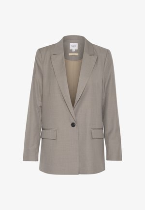 Lichtgrijze blazer met een notch-kraag, een enkele knoopsluiting en twee voorzakken. Gladde stoftextuur met een getailleerde pasvorm.