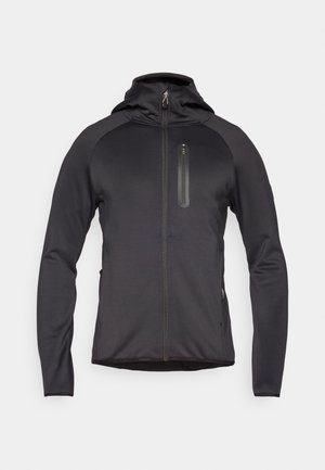 Czarna kurtka z kapturem, z zamkiem z przodu, dopasowany krój i długie rękawy. Posiada zamykaną na zamek kieszeń na piersi oraz kieszenie boczne. Gładka tekstura.