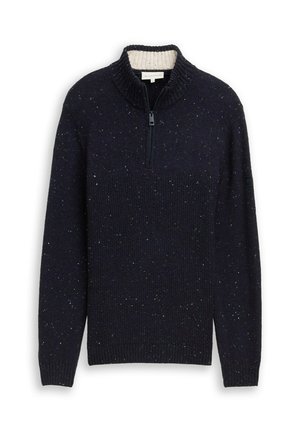 Suéter de punto azul marino moteado con media cremallera, puños y dobladillo acanalados, y un forro interior de collar ligero en contraste.