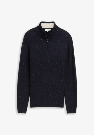 Suéter de punto azul marino moteado con media cremallera, puños y dobladillo acanalados, y un forro interior de collar ligero en contraste.