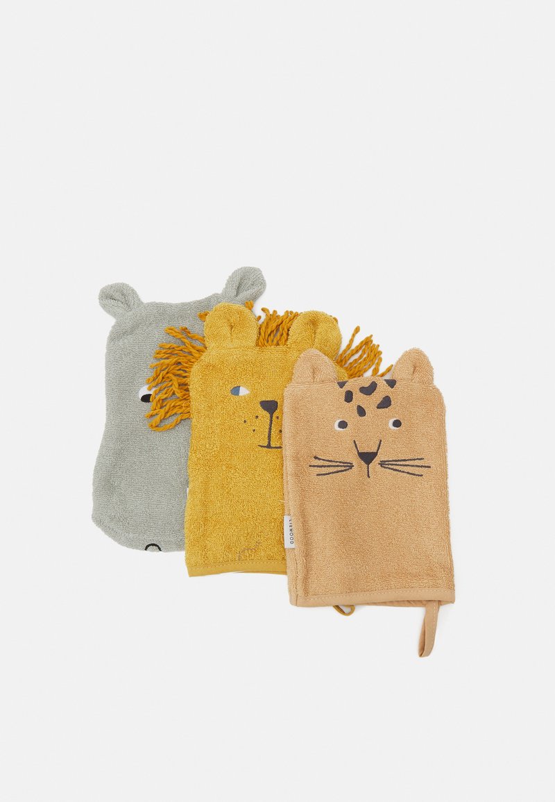 Set aus drei waschbaren Tierwaschlappen: grau mit Ohren, gelb mit Löwenmähne und braun mit Leoparden-Schnurrhaaren. Weiche Frottierstruktur.